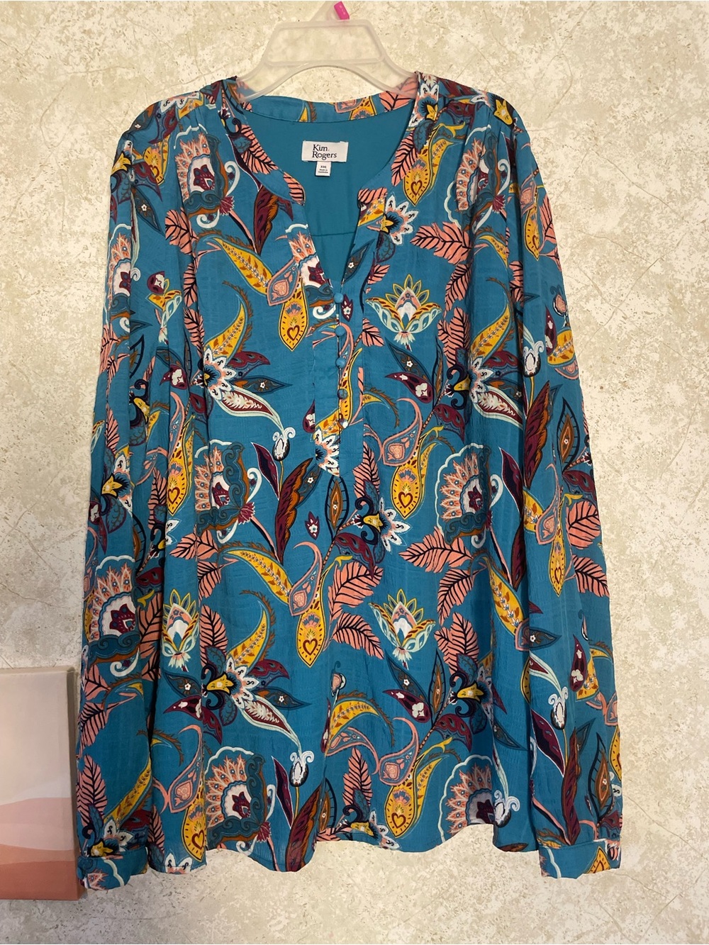 Kim Rogers Teal Paisley Floral Button-Front Tunic